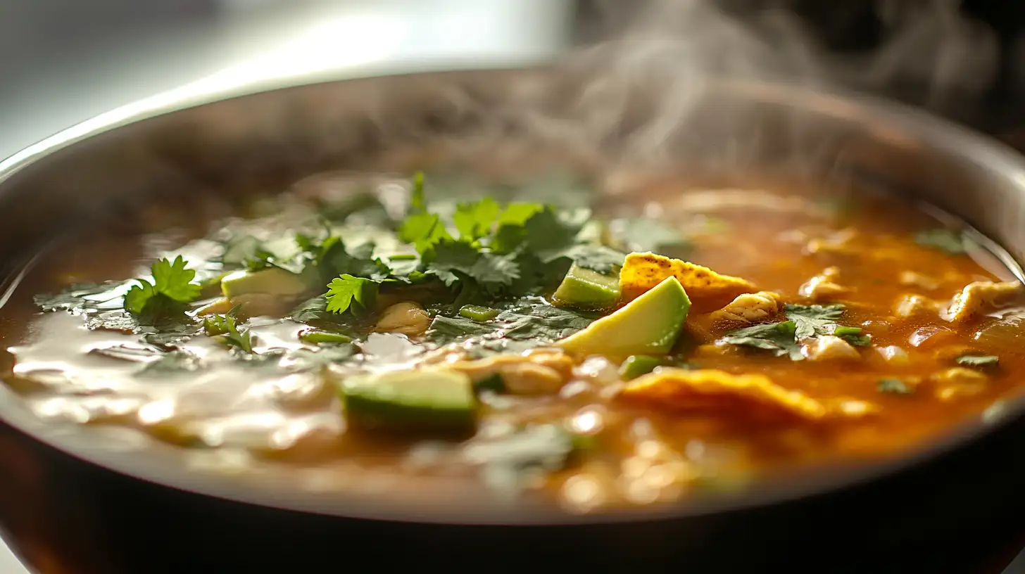 A steaming bowl of chicken tortilla soup recipe, topped with crispy tortilla strips and fresh avocado.